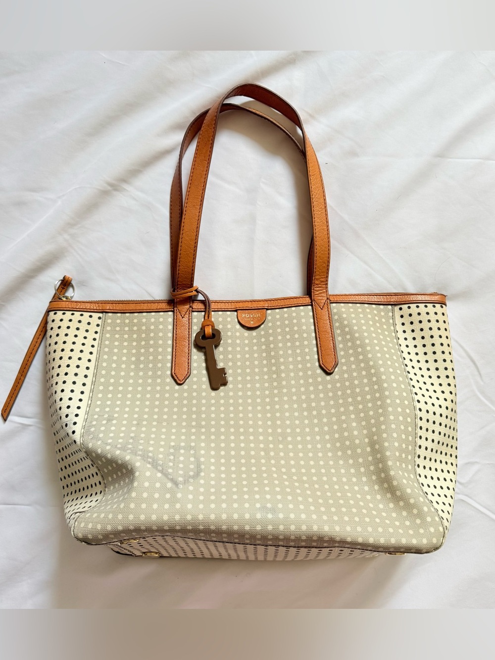 Fossil Beige Black Polka Dot Canvas Tote Bag Genuine Leather Trim Key Charm